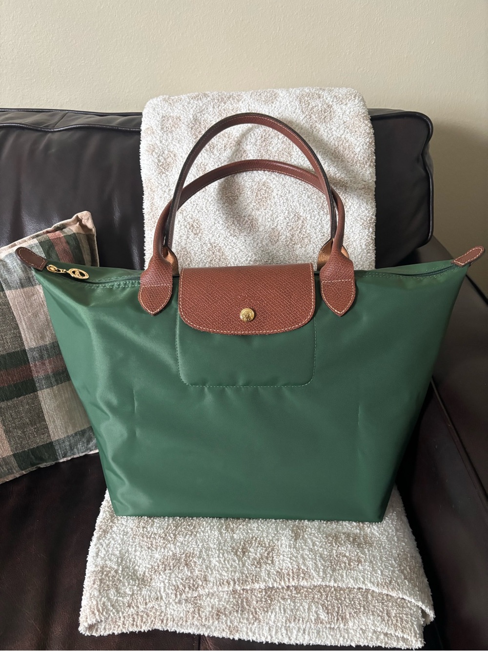 Longchamp Green Nylon Tote with Brown Leather Trim